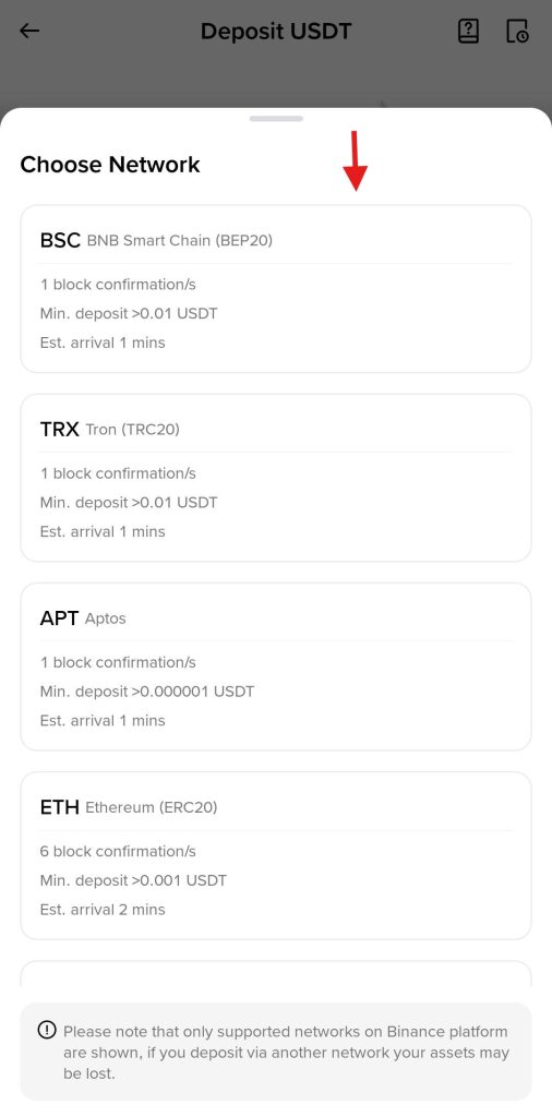Binance App Fiat deposit Tutorial: Choose Deposit network