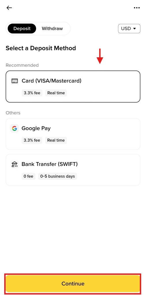 Binance App Fiat deposit Tutorial: Select Deposit Method