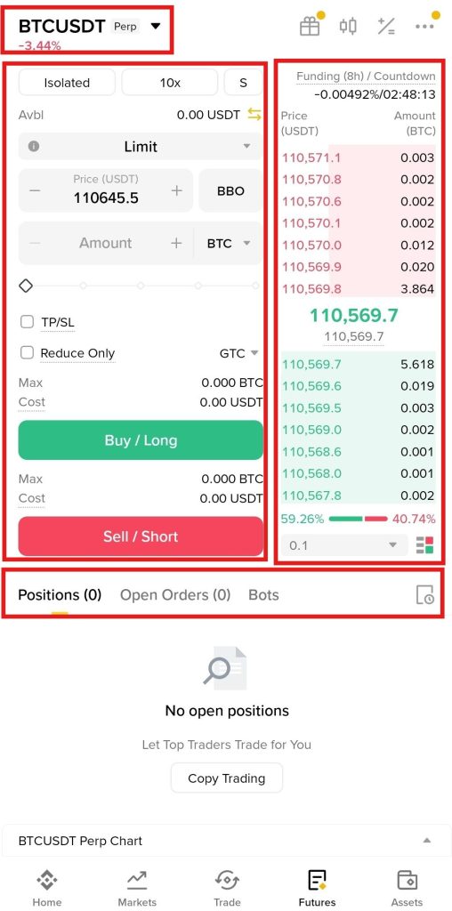 Binance App Futures market Tutorial: Futures trading interface