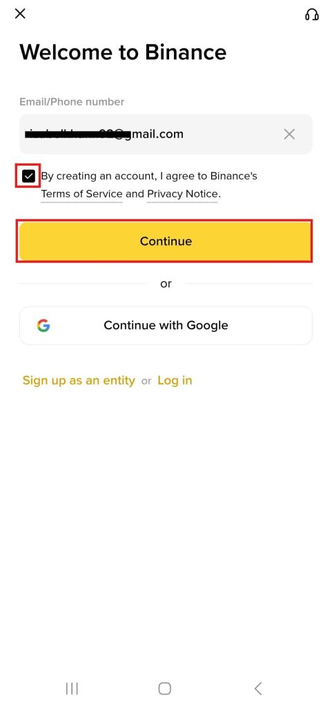 Binance App Sign-up option