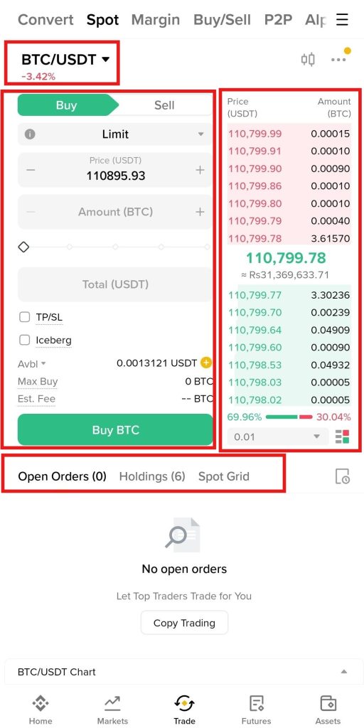 Binance App Spot market Tutorial: Spot trading interface